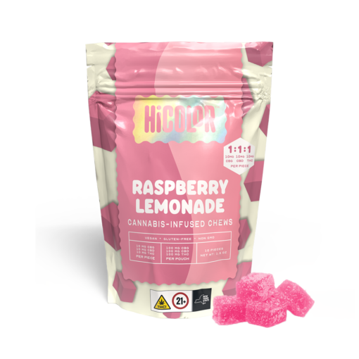 HiColor Raspberry Lemonade RSO Chews – 10 mg THC/CBD/CBG × 10ct