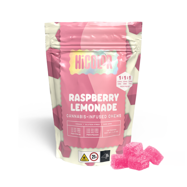 HiColor Raspberry Lemonade RSO Chews – 10 mg THC/CBD/CBG × 10ct