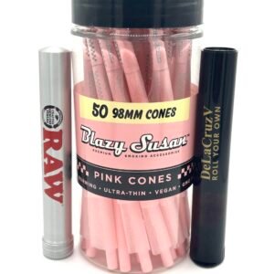 Pink 98mm pre-rolled cones – 50ct bulk box. Ultra-thin, unflavored paper with built-in tips. Smooth-burning and ready to fill.
