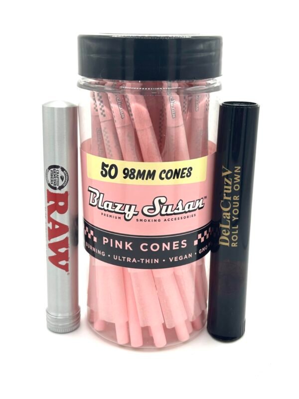 Pink 98mm pre-rolled cones – 50ct bulk box. Ultra-thin, unflavored paper with built-in tips. Smooth-burning and ready to fill.